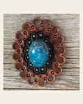 Leather Rosette Medium Oil Edges with Blue Cabochon Western Concho R107CABBL on a warm cream background