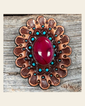 Leather Rosette Medium Oil Edges with Fuchsia Cabochon Western Concho R107CABFU on a warm cream background