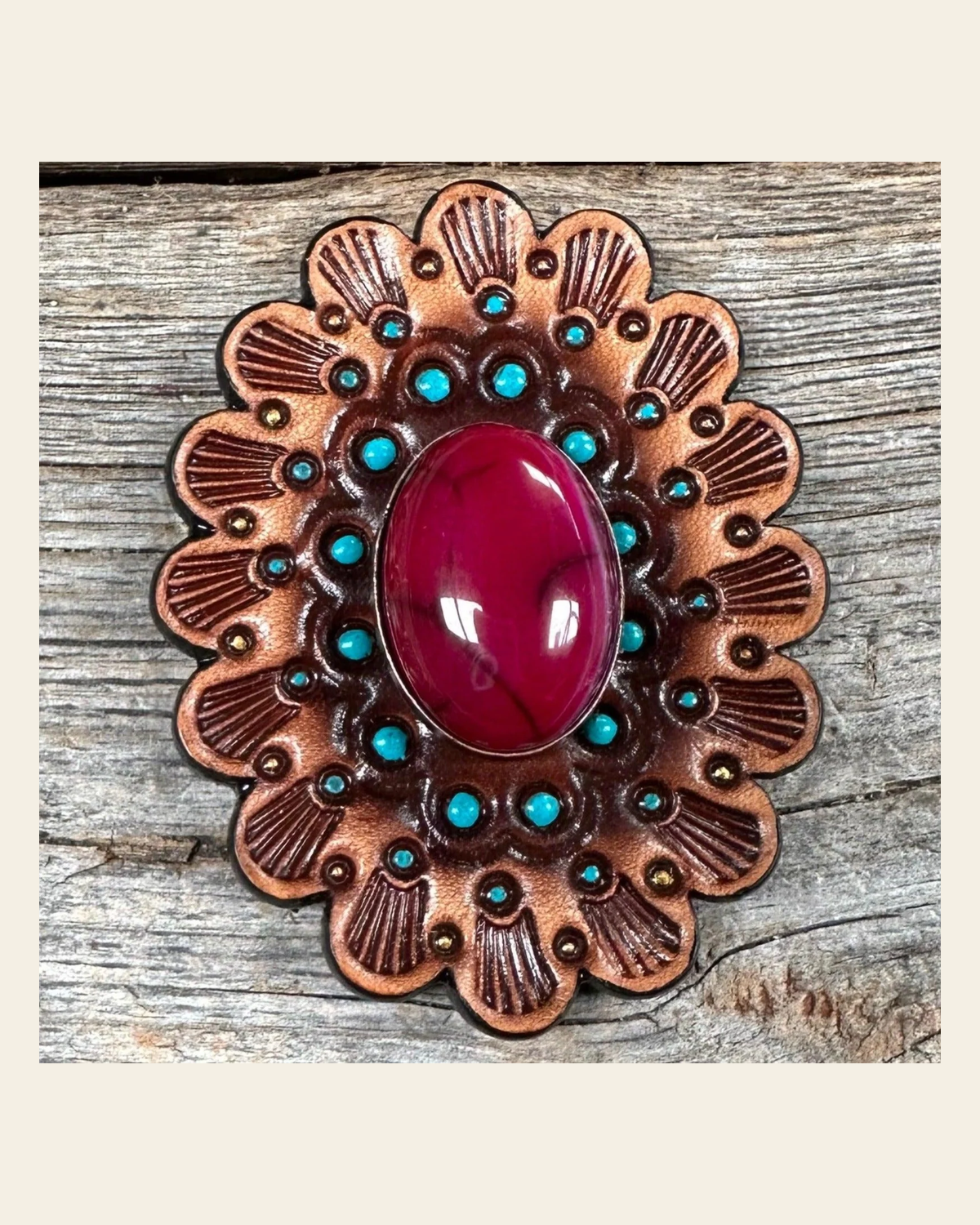 Leather Rosette Medium Oil Edges with Fuchsia Cabochon Western Concho R107CABFU on a warm cream background