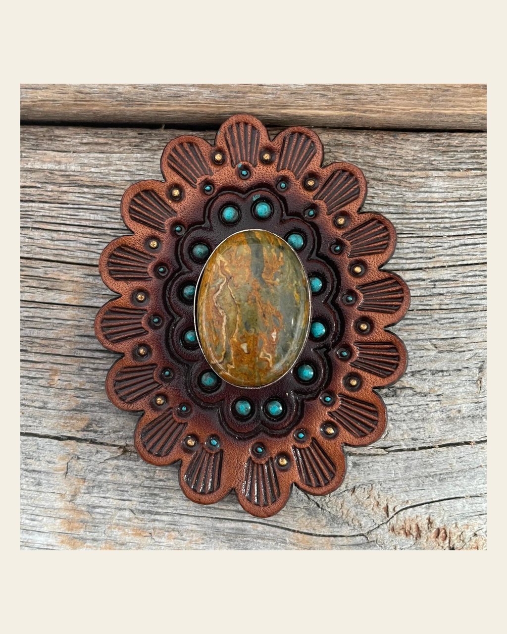 Leather Rosette Medium Oil Edges with Sage Cabochon Western Concho R107CABSG on a warm cream background