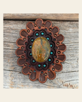 Leather Rosette Medium Oil Edges with Sage Cabochon Western Concho R107CABSG on a warm cream background