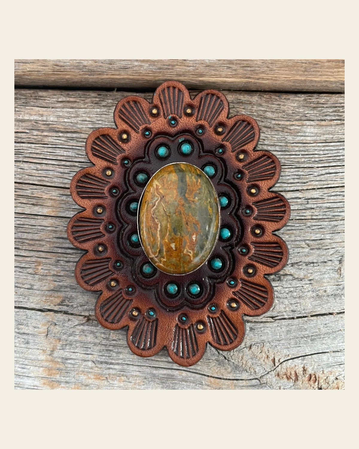 Leather Rosette Medium Oil Edges with Sage Cabochon Western Concho R107CABSG on a warm cream background