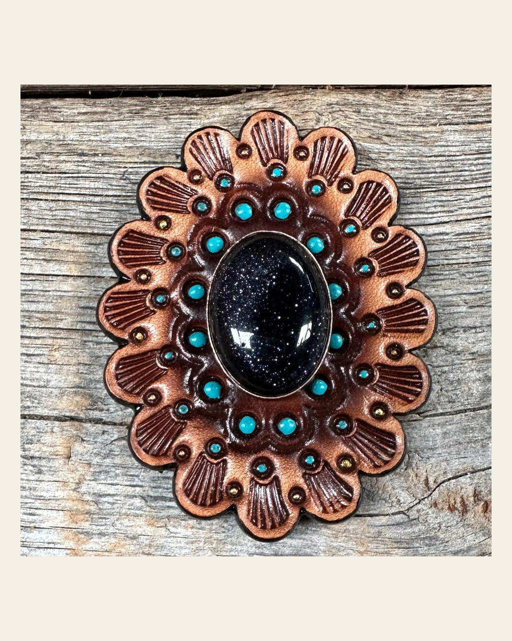 Leather Rosette Medium Oil Edges with Lapis Cabochon Western Concho R107CABLA on a warm cream background