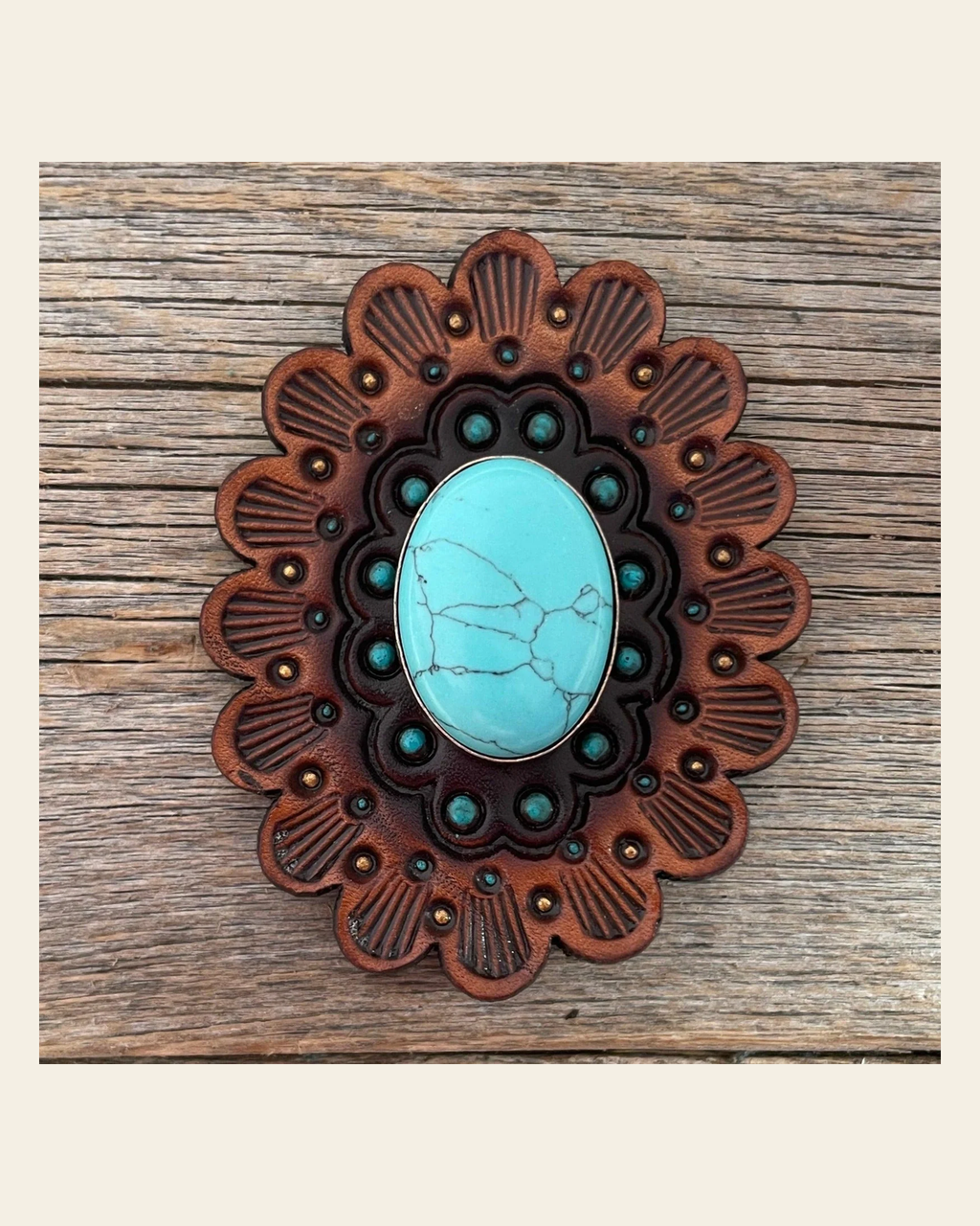Leather Rosette Medium Oil Edges with Turquoise Cabochon Western Concho R107CABTQ on a warm cream background