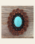 Leather Rosette Medium Oil Edges with Turquoise Cabochon Western Concho R107CABTQ on a warm cream background