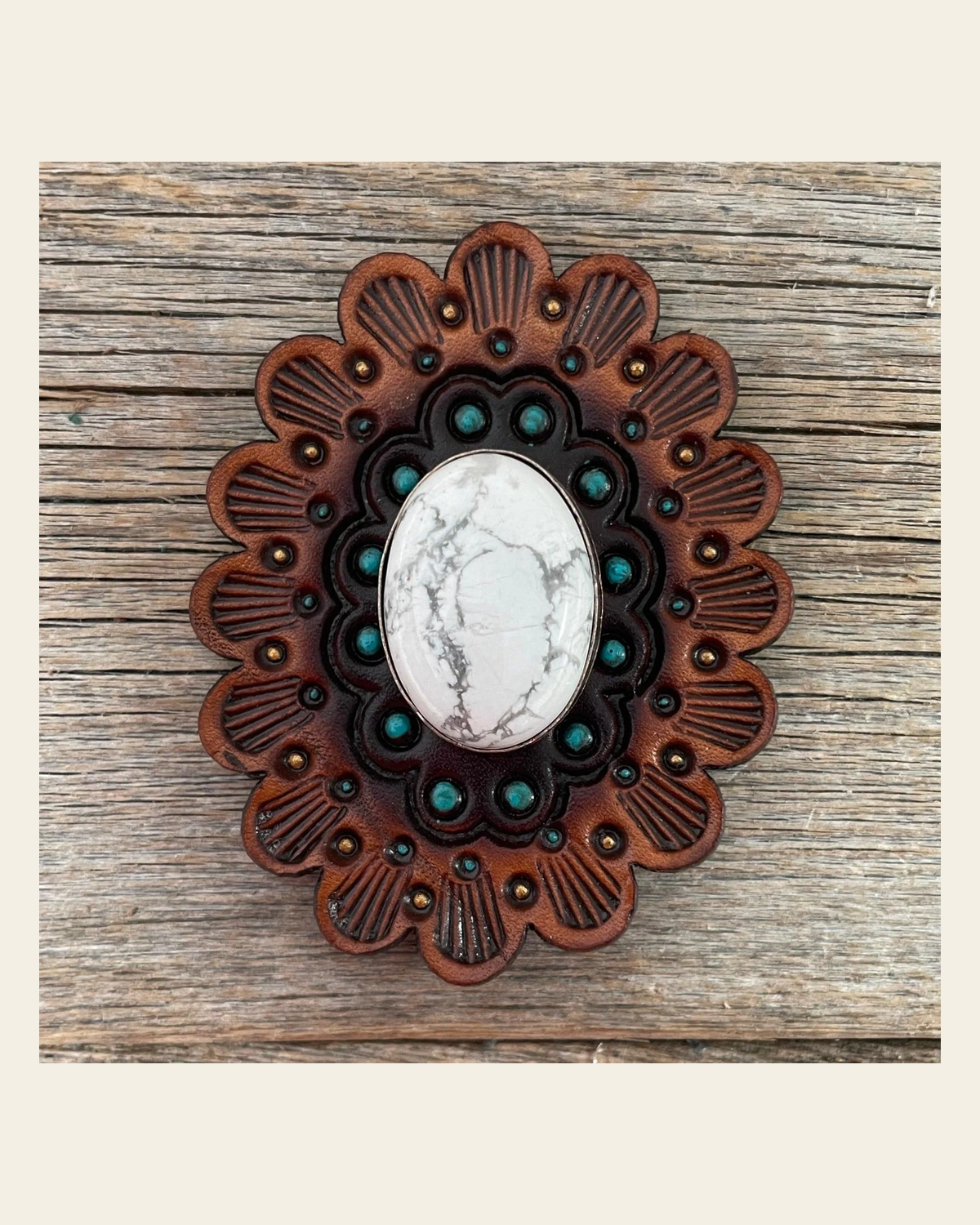 Leather Rosette Medium Oil Edges with White Cabochon Western Concho R107CABWT on a warm cream background