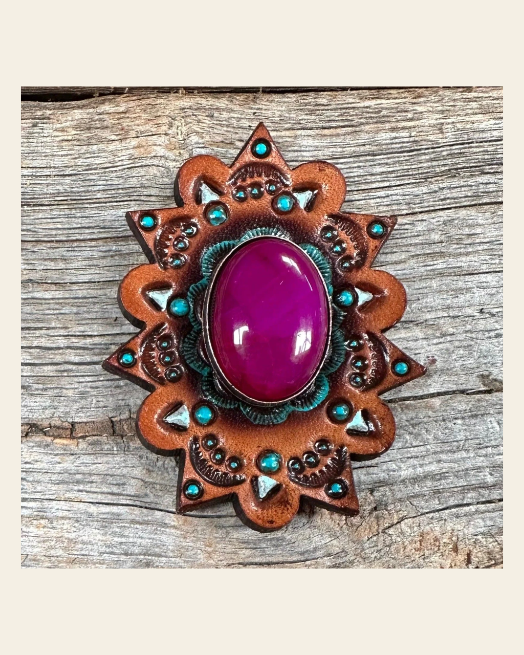Leather Rosette Starburst - Fuchsia Cabochon Western Concho R110CABFU on a warm cream background