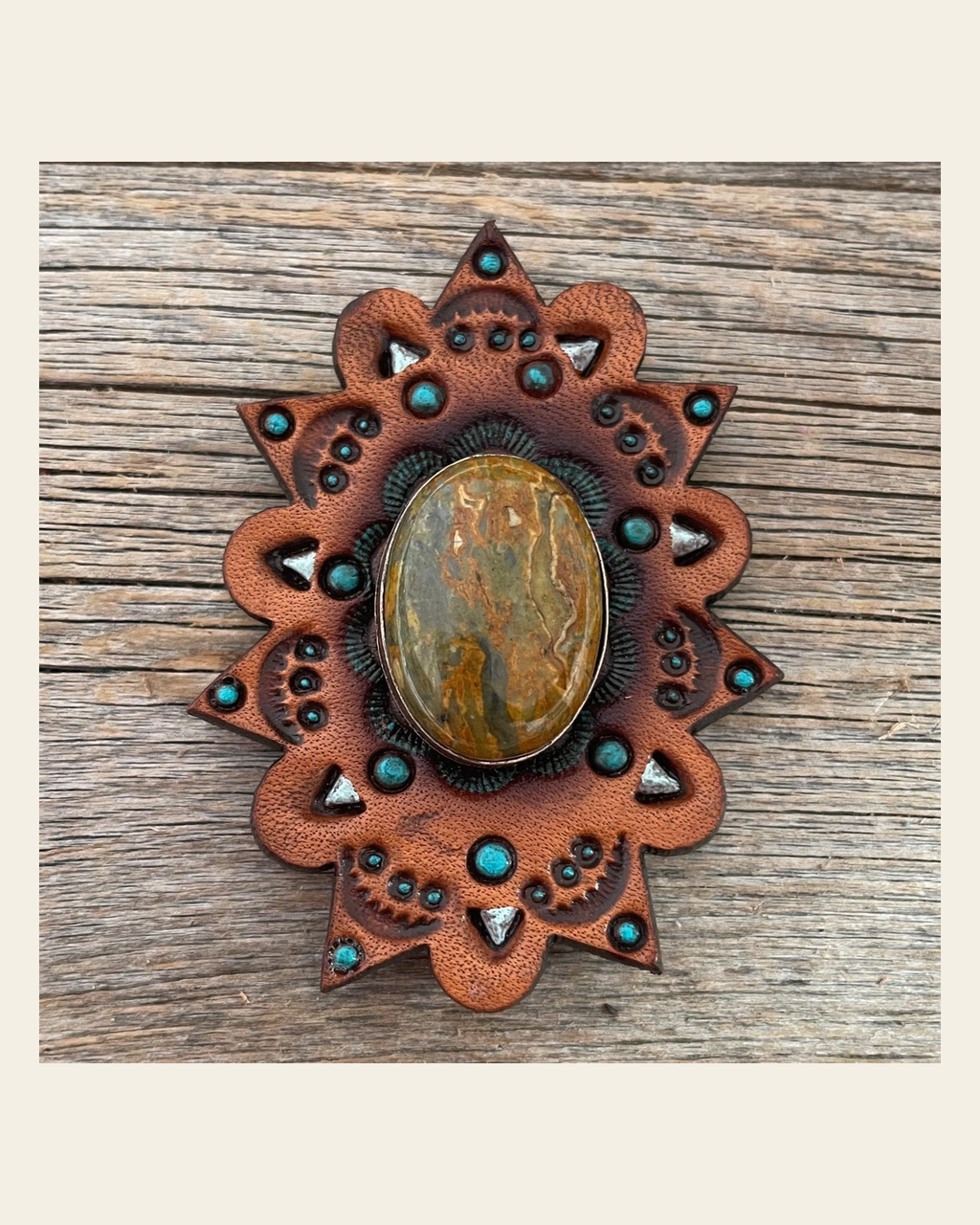 Leather Rosette Starburst - Sage Cabochon Western Concho R110CABSG on a warm cream background
