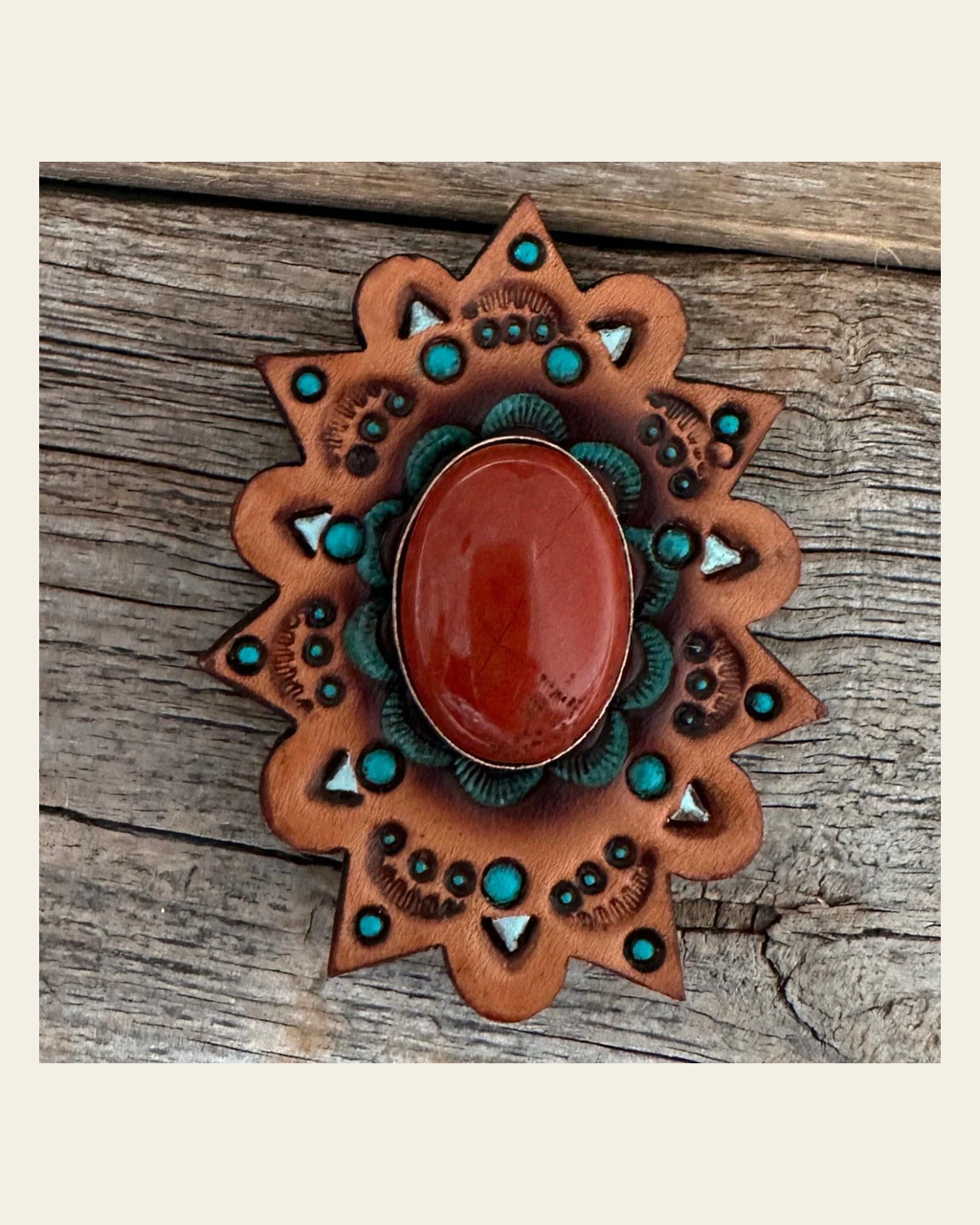 Leather Rosette Starburst - Rust Cabochon Western Concho R110CABRU on a warm cream background