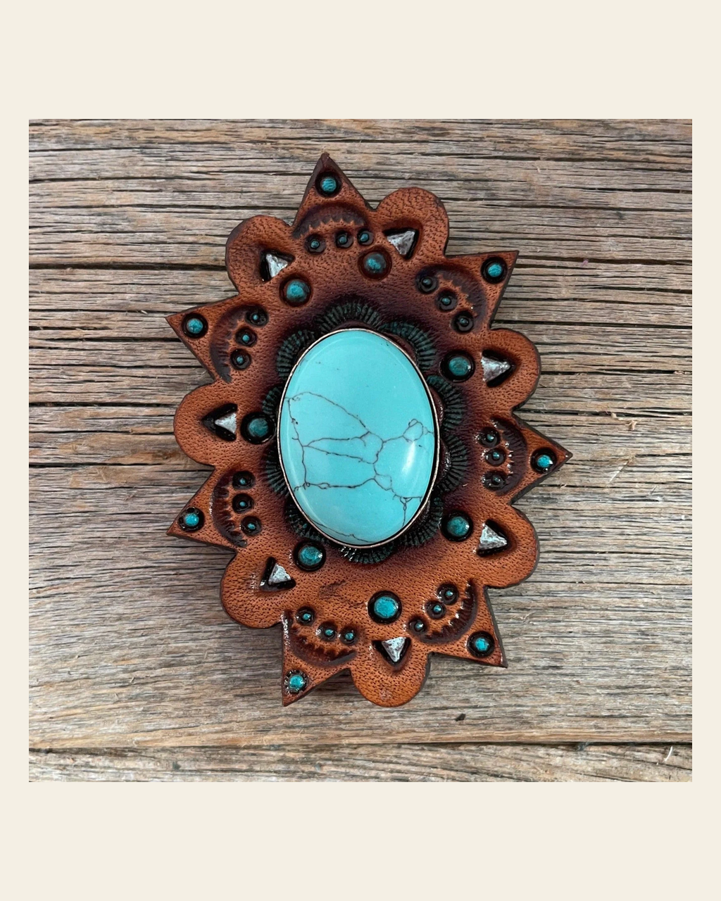 Leather Rosette Starburst - Turquoise Cabochon Western Concho R110CABTQ on a warm cream background