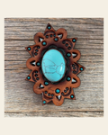Leather Rosette Starburst - Turquoise Cabochon Western Concho R110CABTQ on a warm cream background