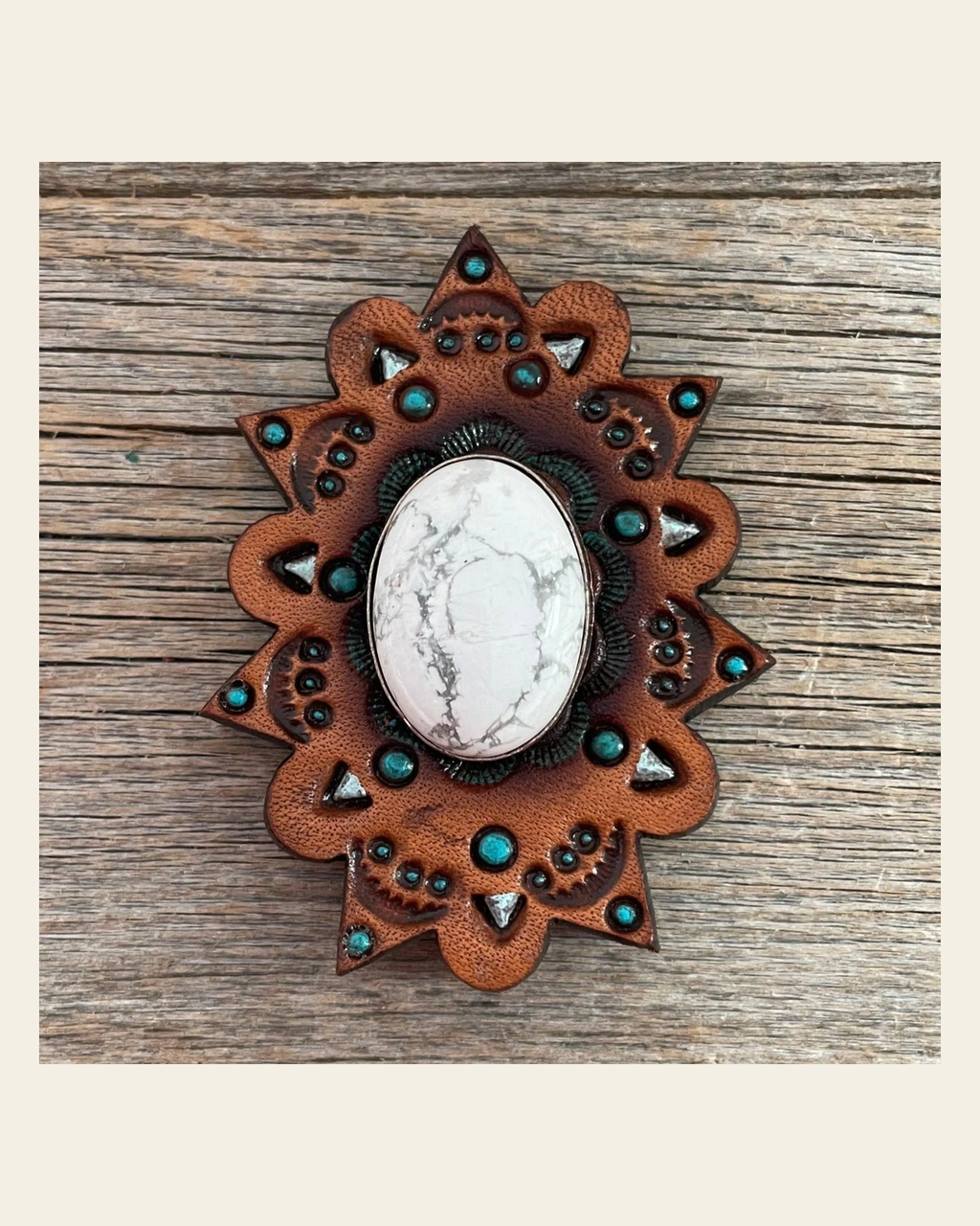 Leather Rosette Starburst - White Cabochon Western Concho R110CABWT on a warm cream background