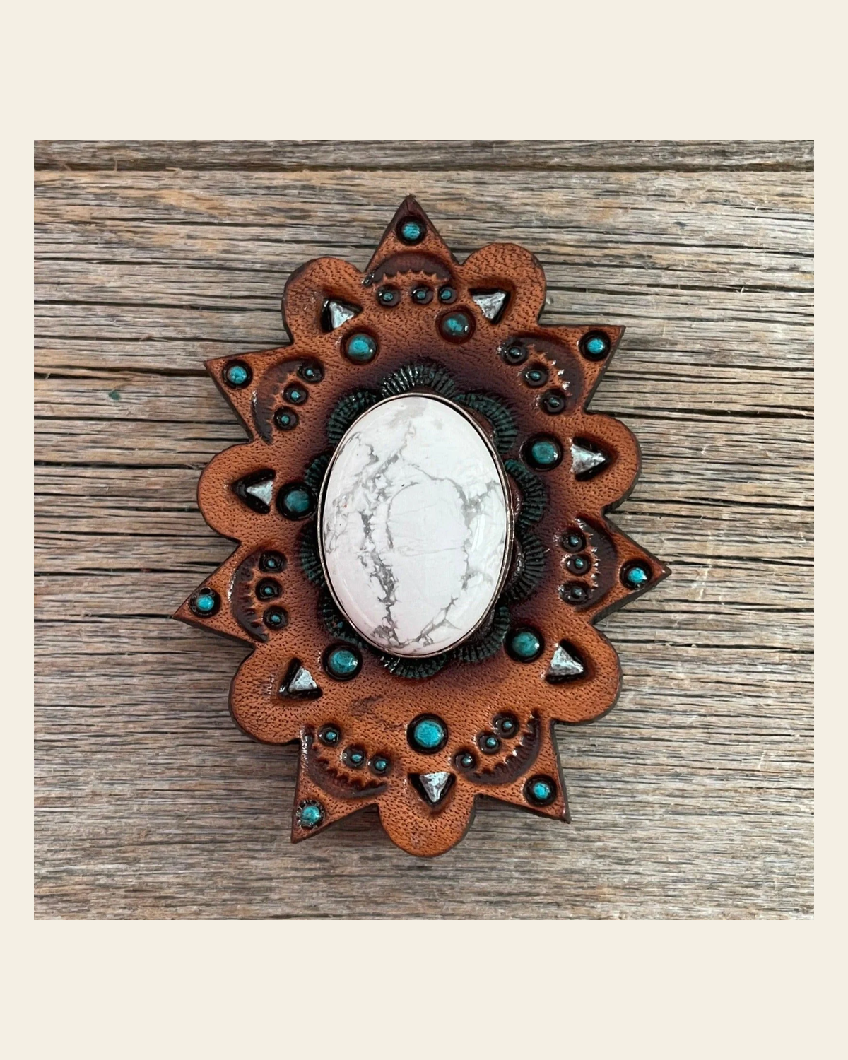 Leather Rosette Starburst - White Cabochon Western Concho R110CABWT on a warm cream background
