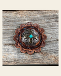 Leather Rosette with Antique Silver and Gold Cross Western Concho R111W189S on a warm cream background