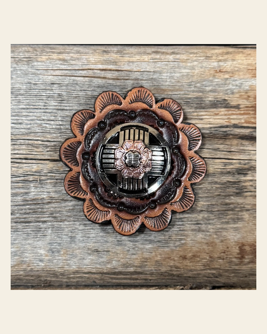 Leather Rosette with Antique Silver with Copper Flower Western Concho R111W217S on a warm cream background