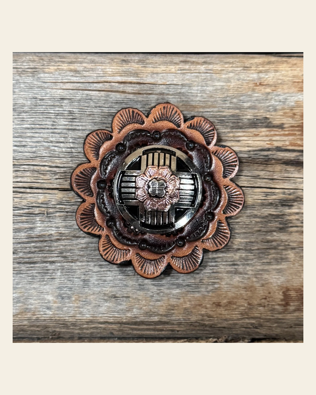 Leather Rosette with Antique Silver with Copper Flower Western Concho R111W217S on a warm cream background