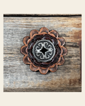 Leather Rosette with Black Diamond Antique Silver Western Concho R111W213S on a warm cream background
