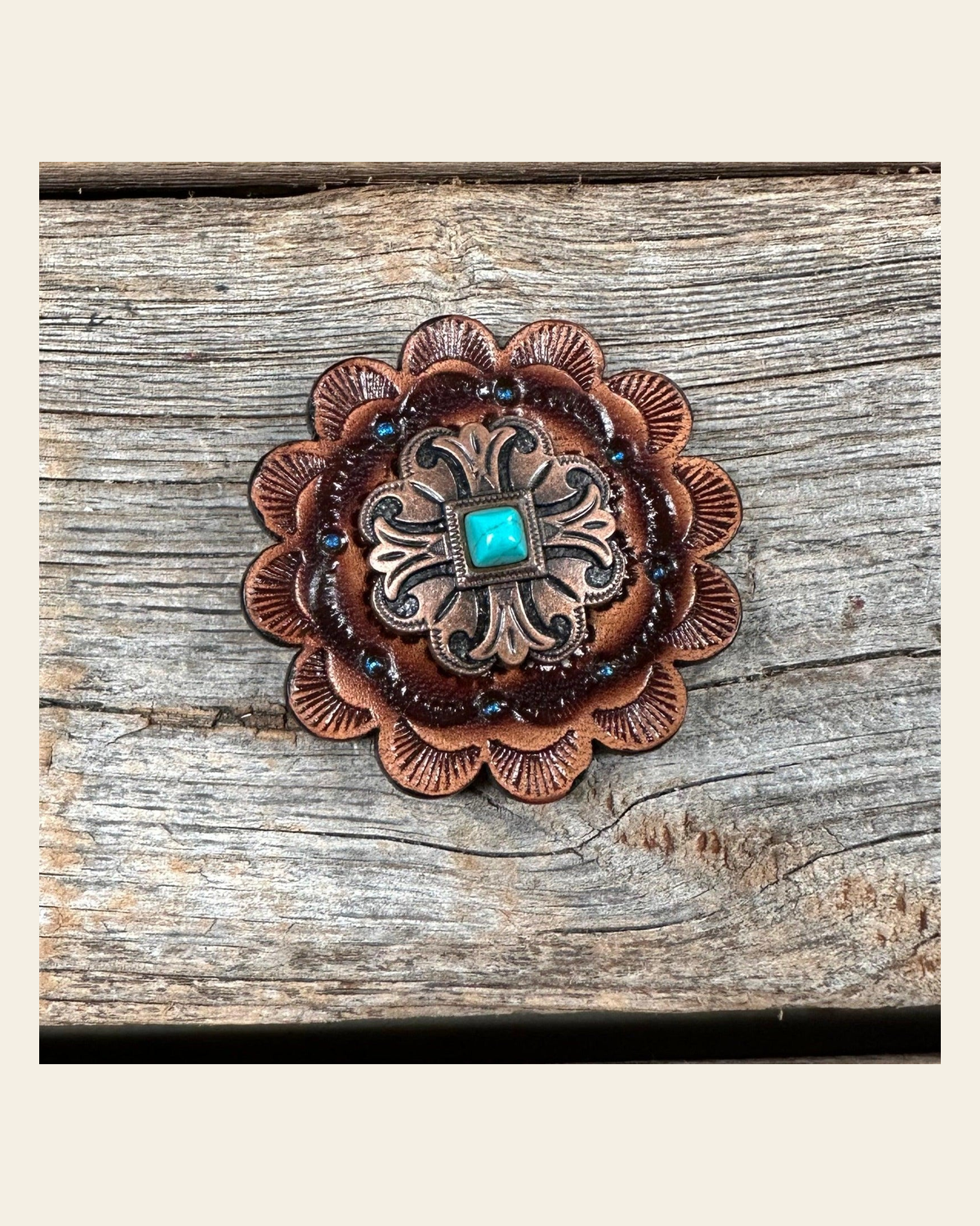 Leather Rosette with Copper Fleur-De-Lis Western Concho R111W141S on a warm cream background