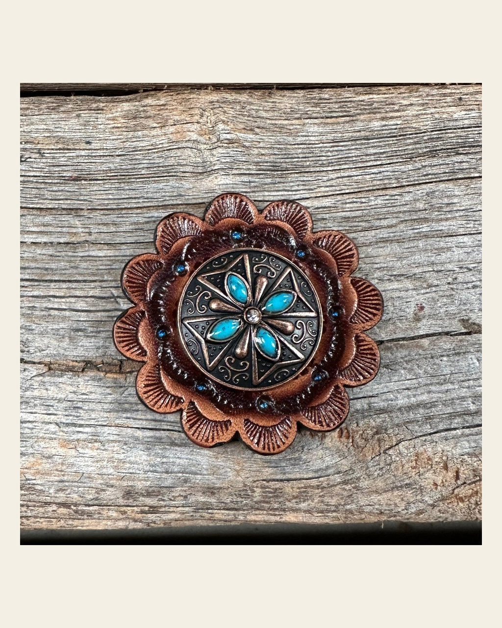 Leather Rosette with Copper Turquoise Western Concho R111W138S on a warm cream background