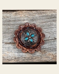 Leather Rosette with Copper Turquoise Western Concho R111W138S on a warm cream background
