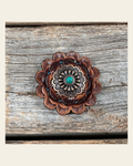 Leather Rosette with Floral Western Concho R111W103S on a warm cream background