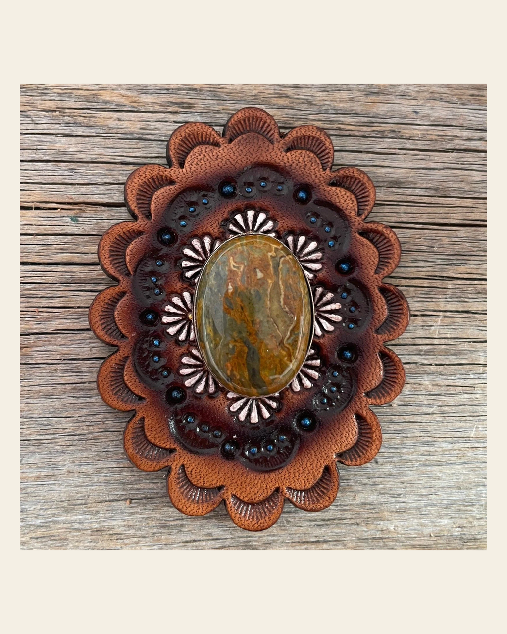 Leather Rosette with Sage Cabochon Western Concho R102CABSG on a warm cream background
