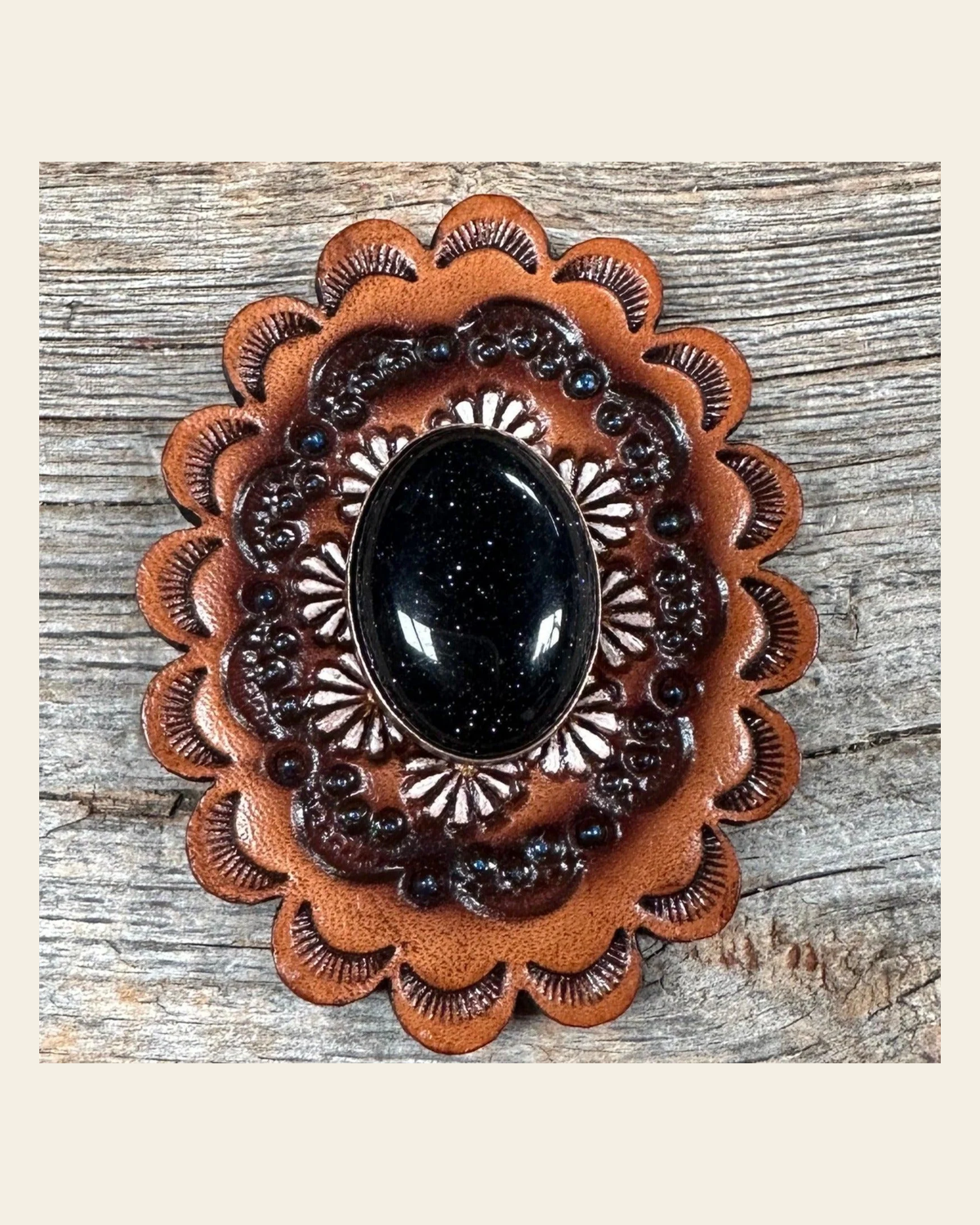Leather Rosette with Lapis Cabochon Western Concho R102CABLA on a warm cream background