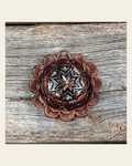 Leather Rosette with Starburst Western Concho R111W185S on a warm cream background