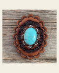 Leather Rosette with Turquoise Cabochon Western Concho R102CABTQ on a warm cream background