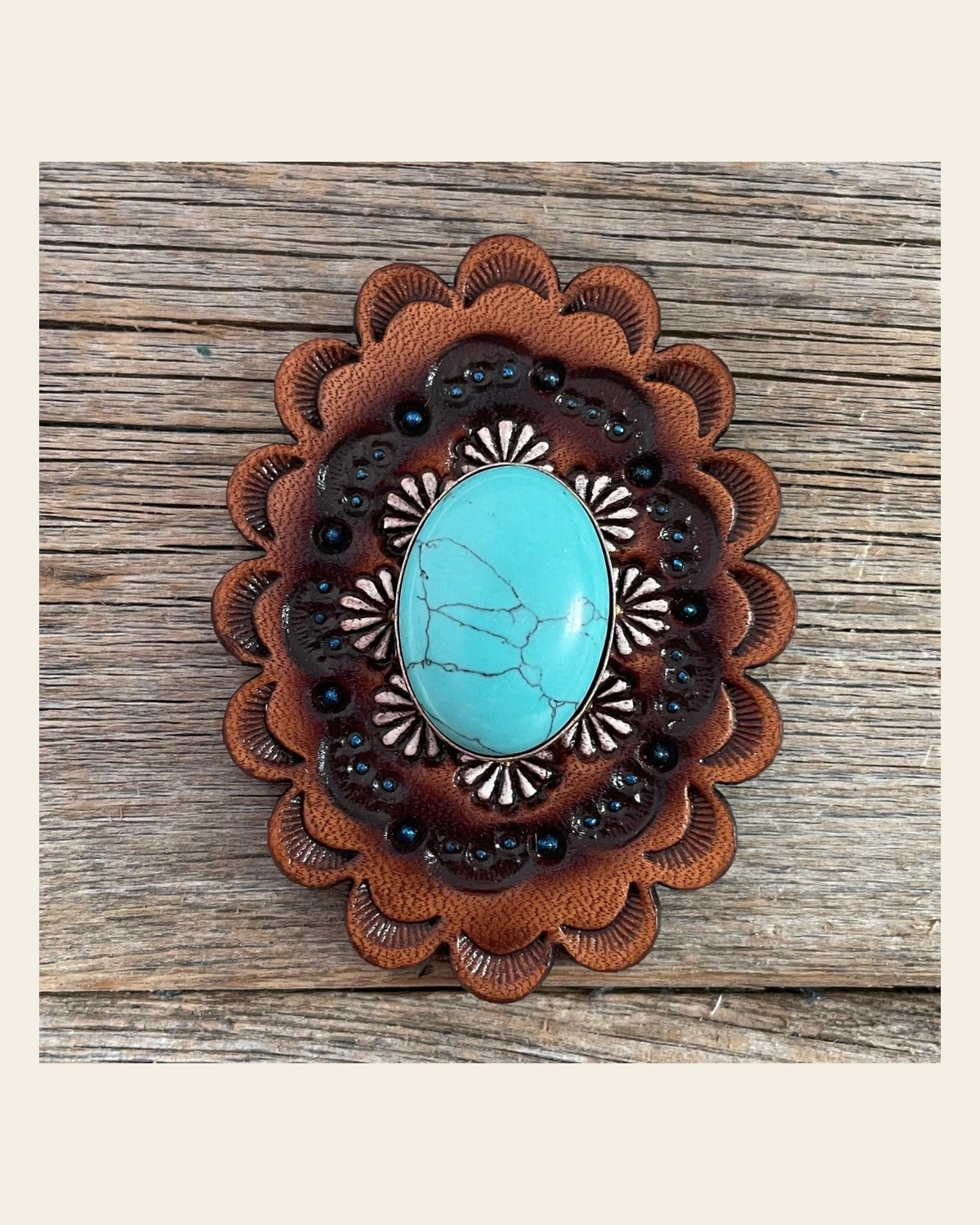 Leather Rosette with Turquoise Cabochon Western Concho R102CABTQ on a warm cream background