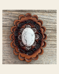 Leather Rosette with White Cabochon Western Concho R102CABWT on a warm cream background