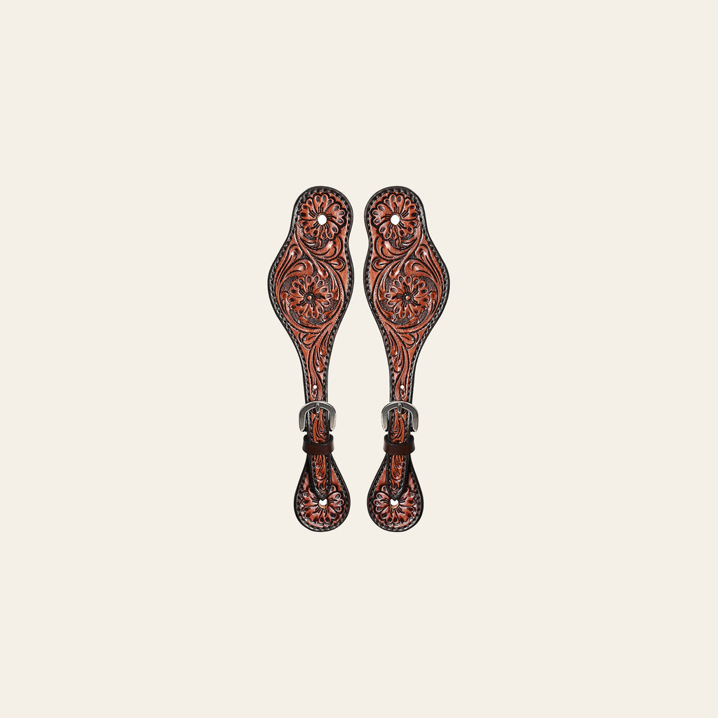 Hilason Western Leather Spur Straps Brown Floral Carving Rustic Vintage