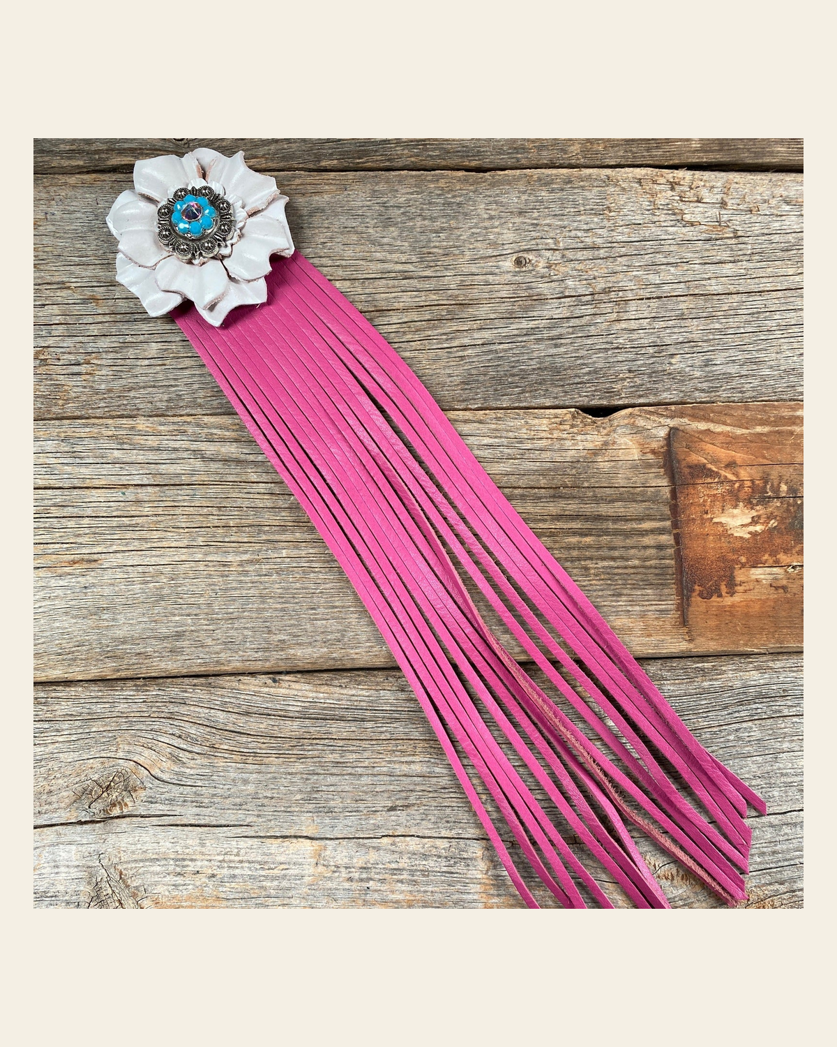Leather White Carnation with Pink Fringe on a warm cream background