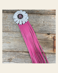Leather White Daisy with Pink Fringe on a warm cream background