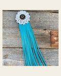 Leather White Daisy with Turquoise Fringe on a warm cream background