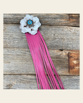 Leather White Gardenia with Pink Fringe on a warm cream background