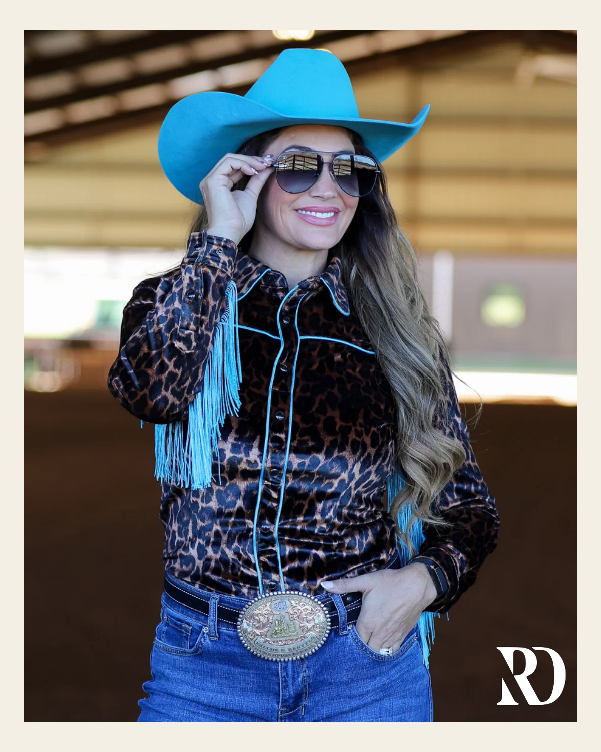 Leopard & Fringe Velvet Performance Rodeo Shirt on a warm cream background