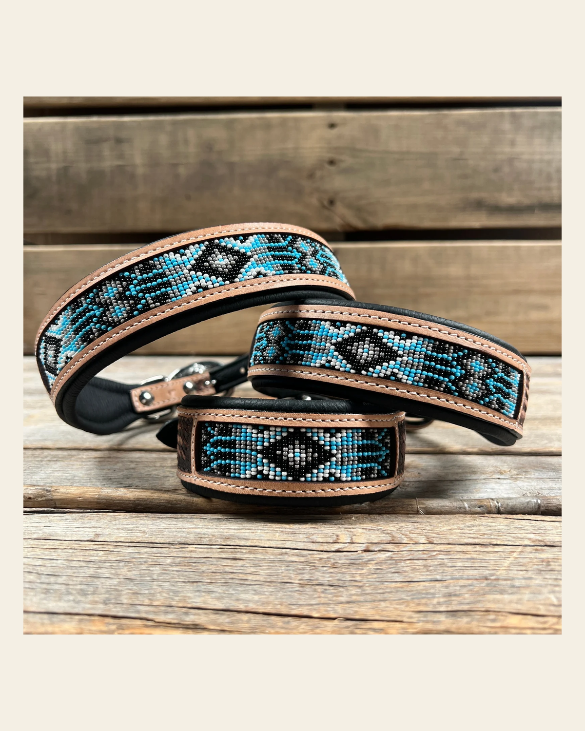 Tooled Light Blue and Black Genuine Leather Beaded Dog Collar #DC446 on a warm cream background