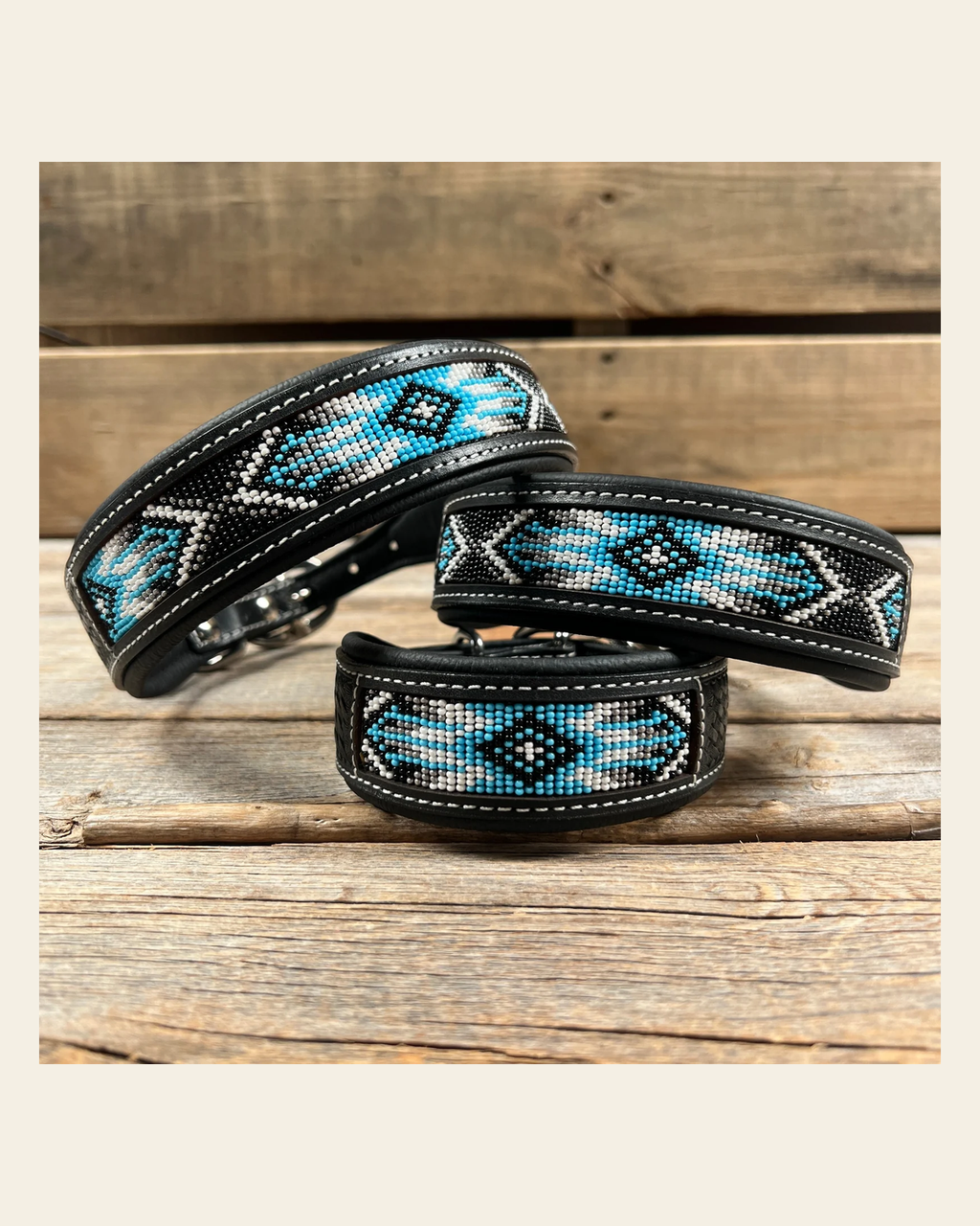 Tooled Light Blue Genuine Leather Beaded Dog Collar #DC441 on a warm cream background