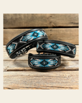 Tooled Light Blue Genuine Leather Beaded Dog Collar #DC441 on a warm cream background