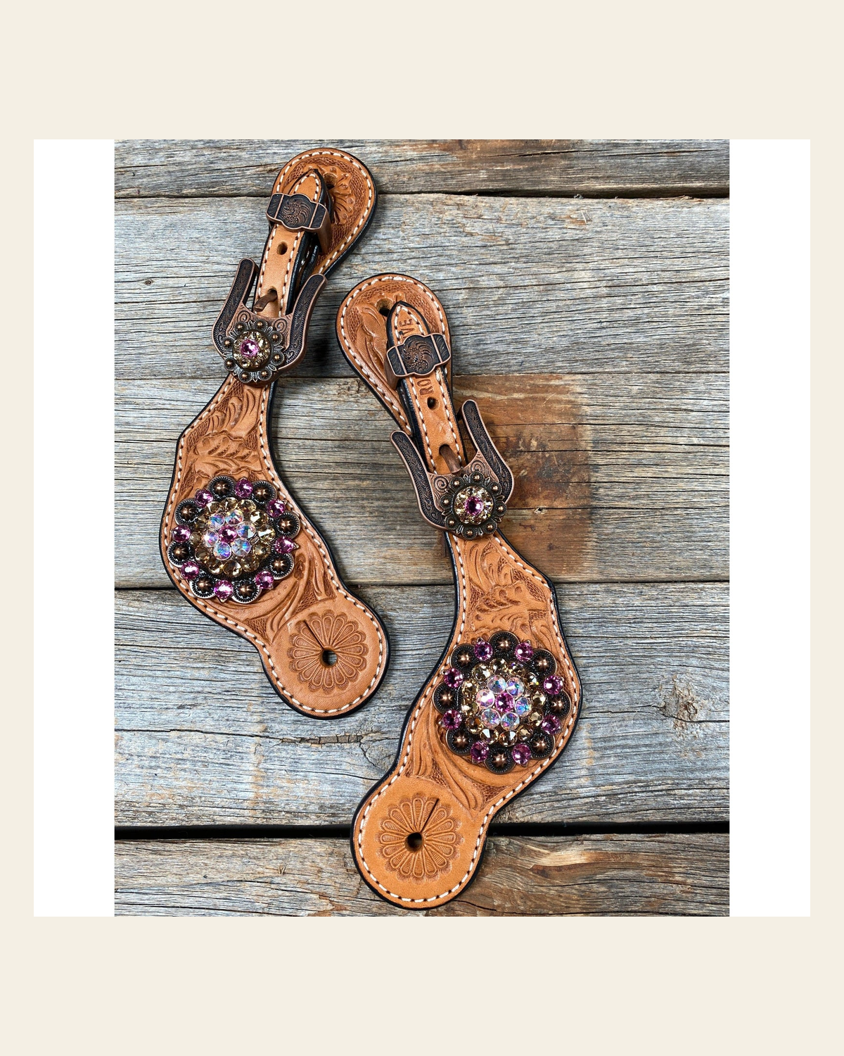 Light Floral Spur Straps - Copper Crystal Conchos #SS109 on a warm cream background