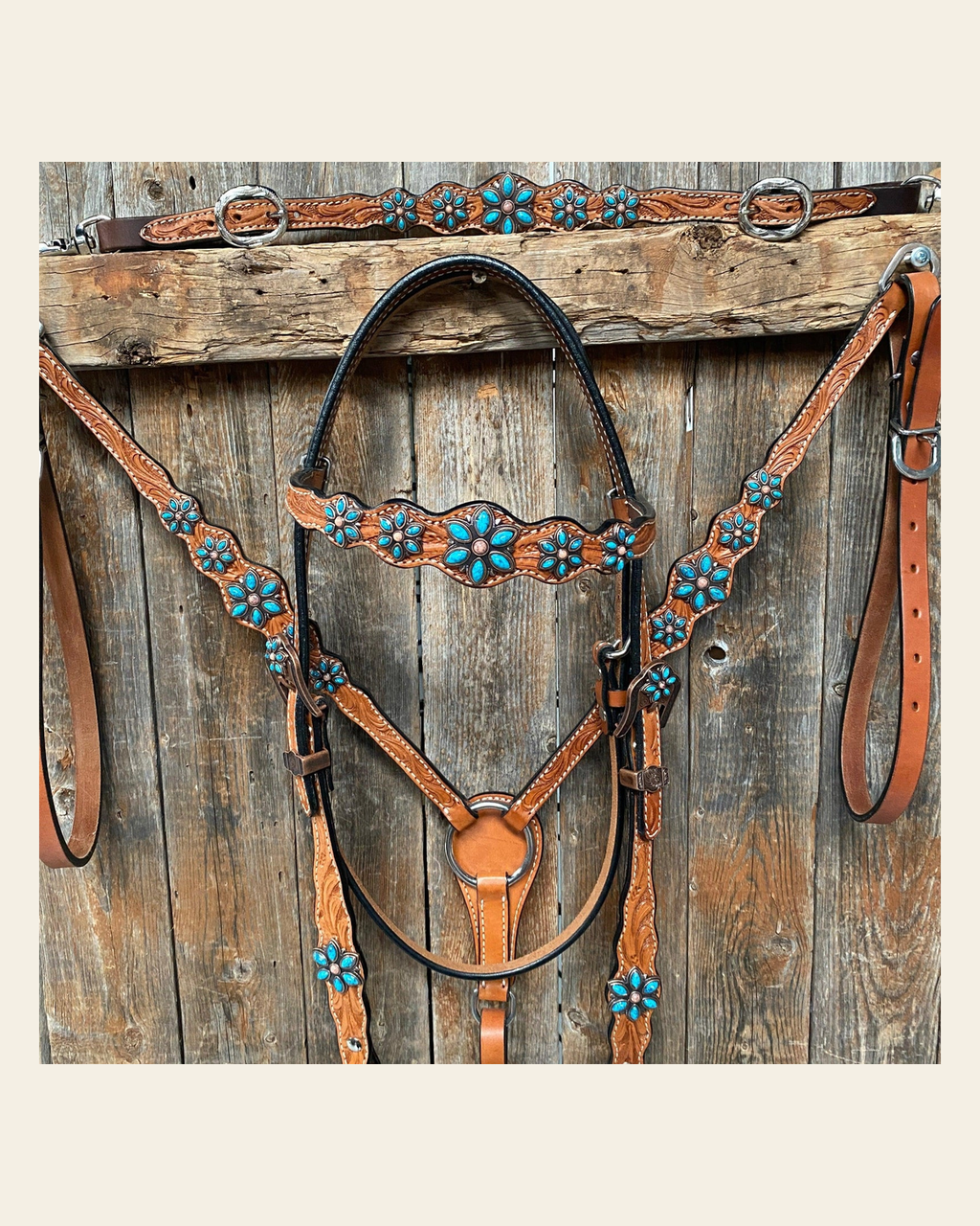 Light Floral Turquoise Browband/One Ear Tack Set with Wither Strap #BBBC469 on a warm cream background