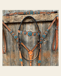 Light Floral Turquoise Browband/One Ear Tack Set with Wither Strap #BBBC469 on a warm cream background