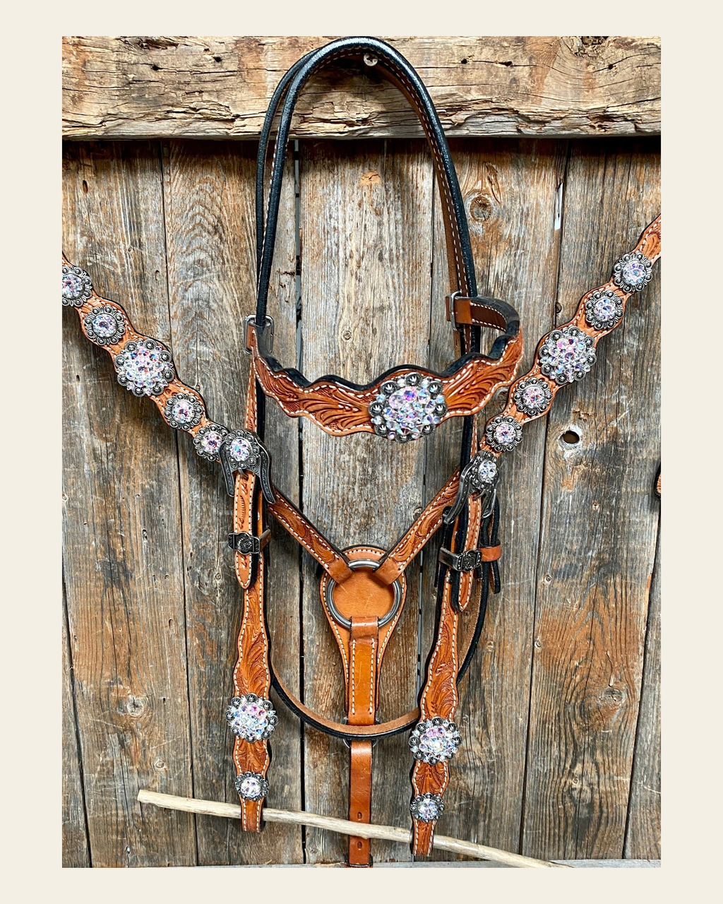 Light Oil and Antique Silver Browband & Breastcollar Tack Set #BBBC431 on a warm cream background