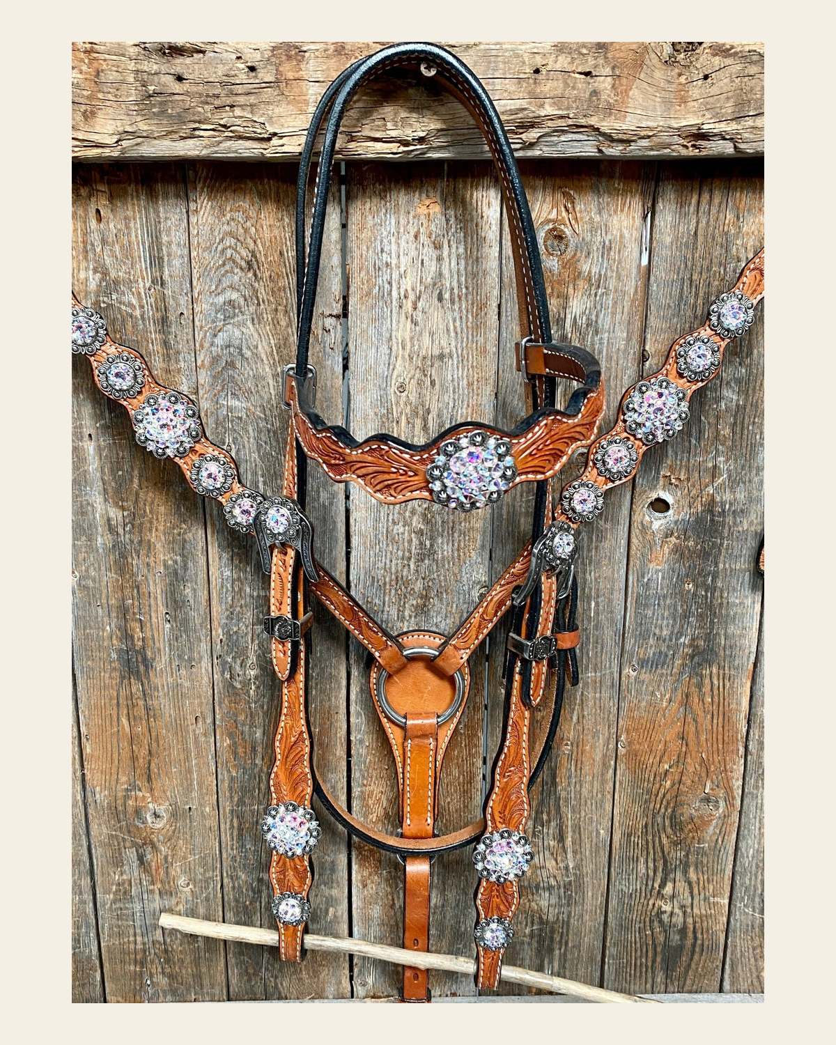 Light Oil and Antique Silver Browband & Breastcollar Tack Set #BBBC431 on a warm cream background