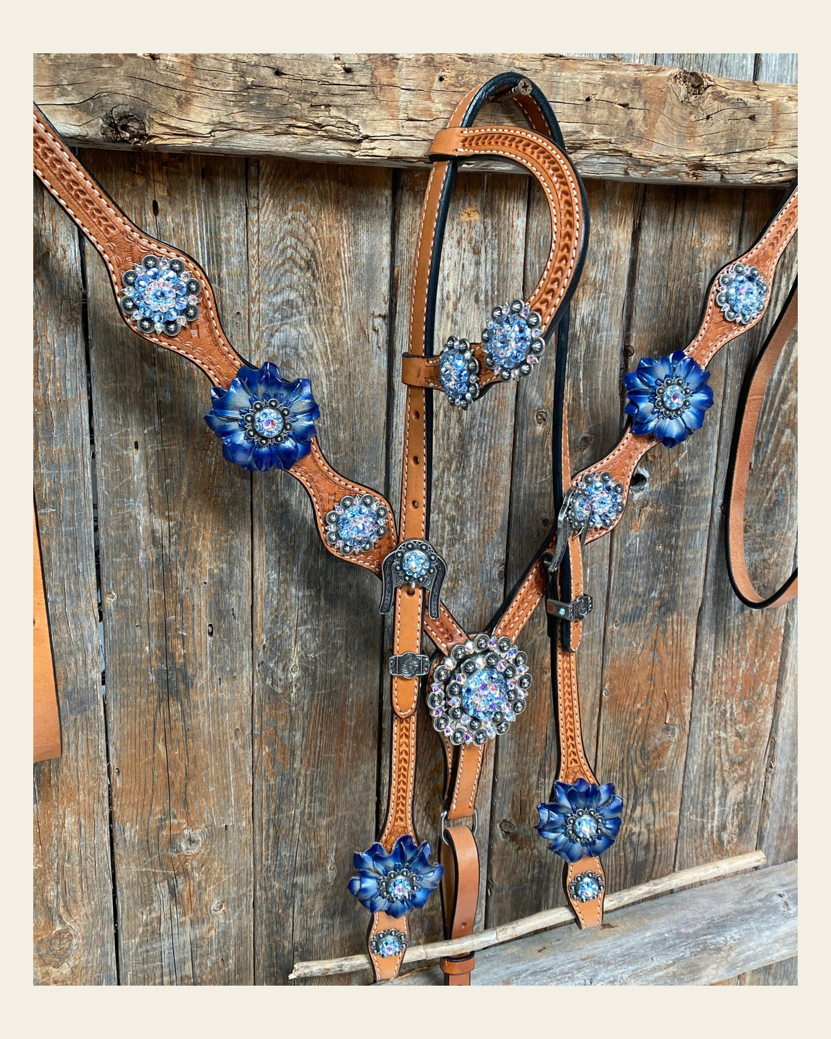 Light Oil Basketweave Blue Wither Strap, One Ear & Breastcollar Tack Set #OEBC438 on a warm cream background