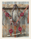 Light Oil Basketweave Champagne and Red One Ear & Breastcollar Tack Set #OEBC432 on a warm cream background