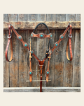 Light Oil Basketweave Copper and Turquoise Browband/One Ear Tack Set #BBBC625 on a warm cream background