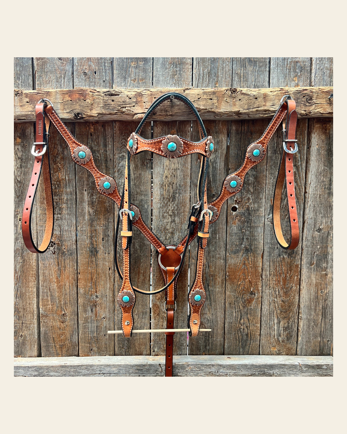 Light Oil Basketweave Copper and Turquoise Browband/One Ear Tack Set #BBBC625 on a warm cream background