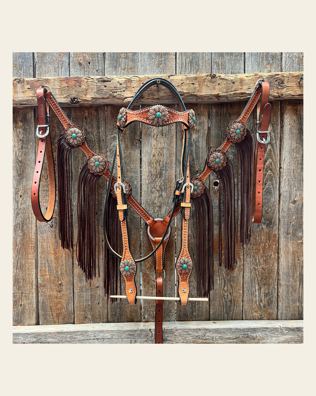 Light Oil Basketweave Copper Flower Browband/One Ear Tack Set #BBBC620 on a warm cream background